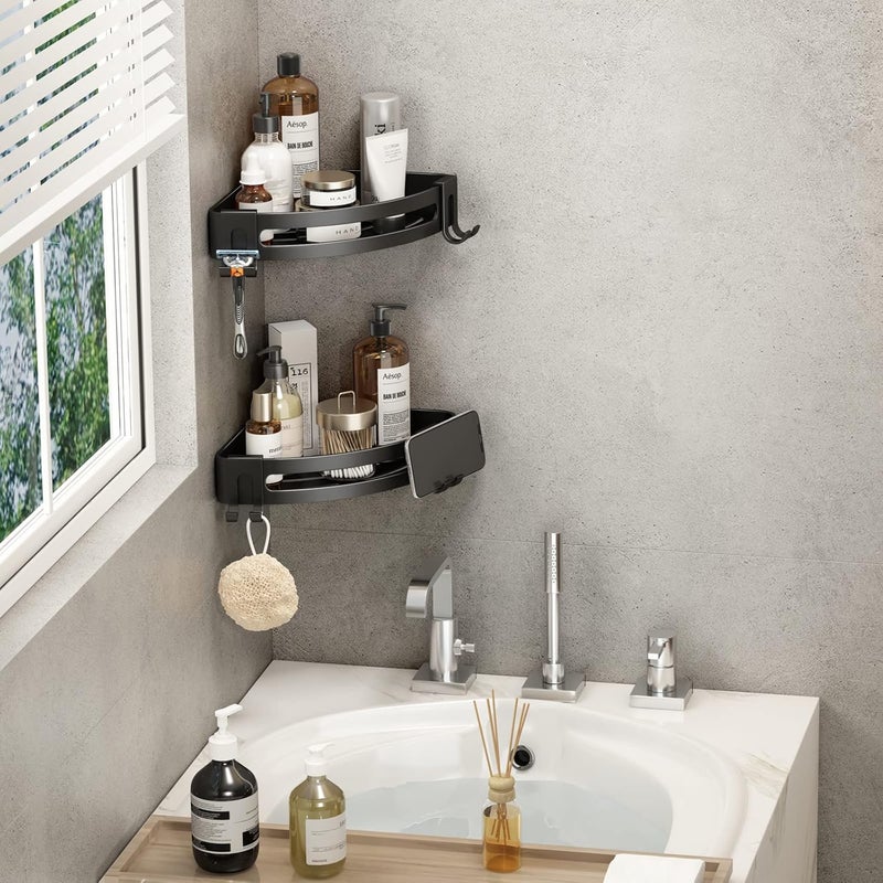 VOLPONE Corner Shower Caddy with Razor Holder Adhesive Shower Shelf Corner No Drilling (adhesive mounting, no suction cup) Bathroom Shower Organizer Storage Rack (2-Pack, Black) - Image 4